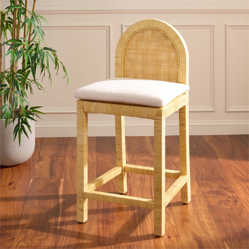 Safavieh Tojo Cane Roundback Wood Counter Stool in Natural / White