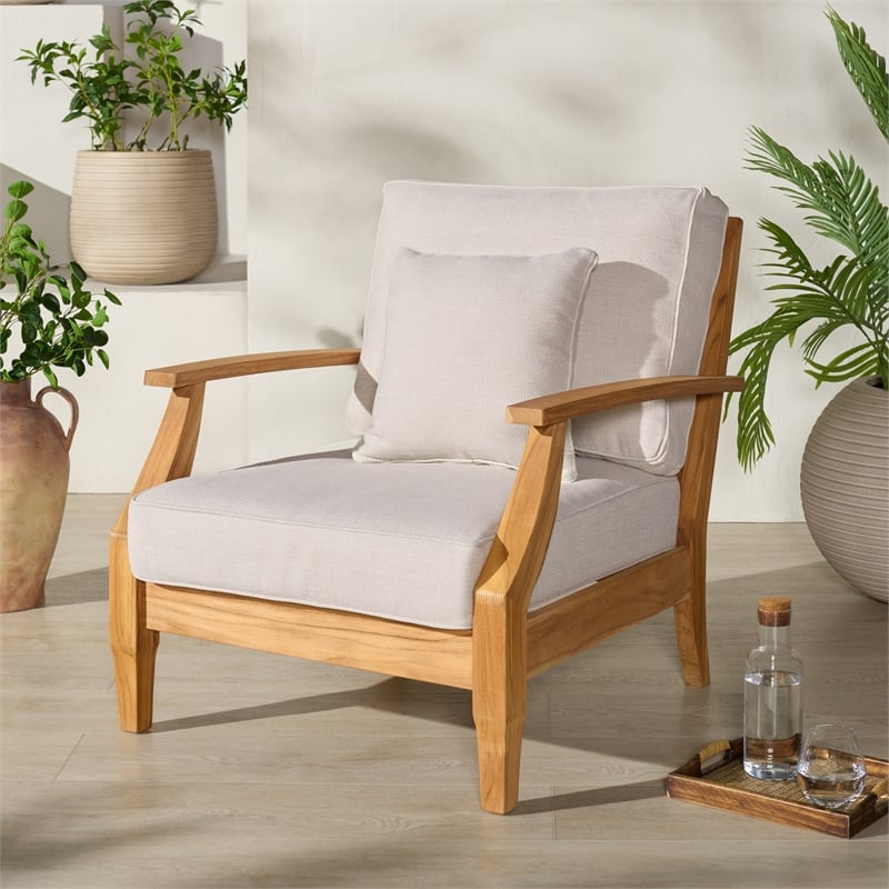 Safavieh Martinique Teak Wood Patio Armchair in White / Natural