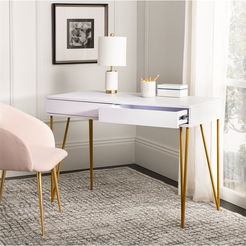 Safavieh Pine Two Drawer Wood and Iron Desk in White / Gold