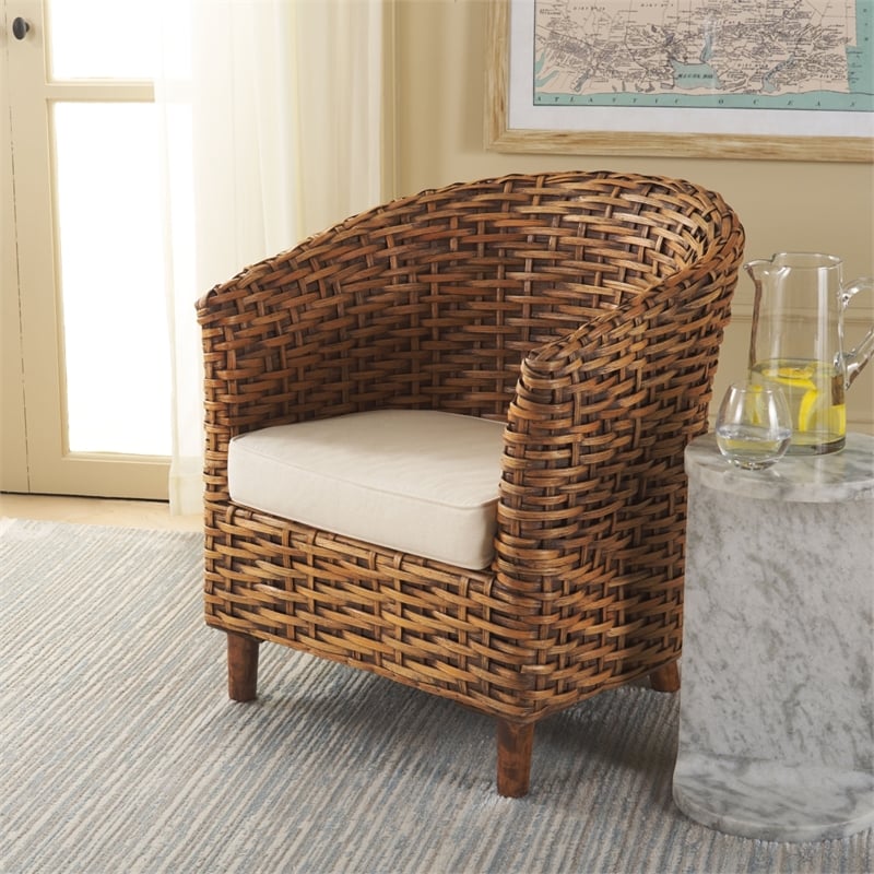 Safavieh Omni Rattan Barrel Chair in White / Brown