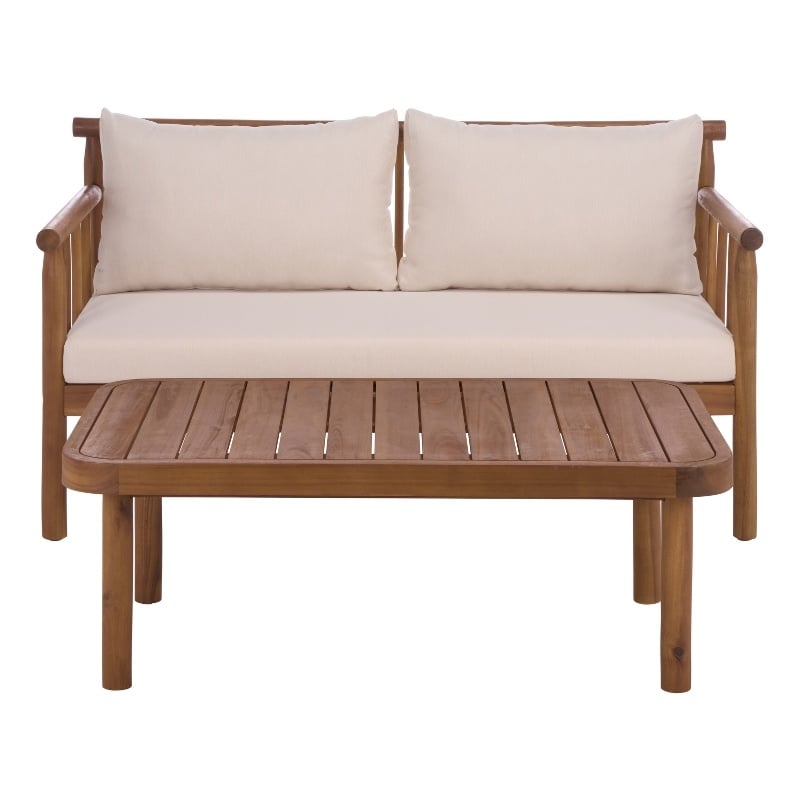 Safavieh Cardori Wood Bench + Table in Teak / Brown / Cream
