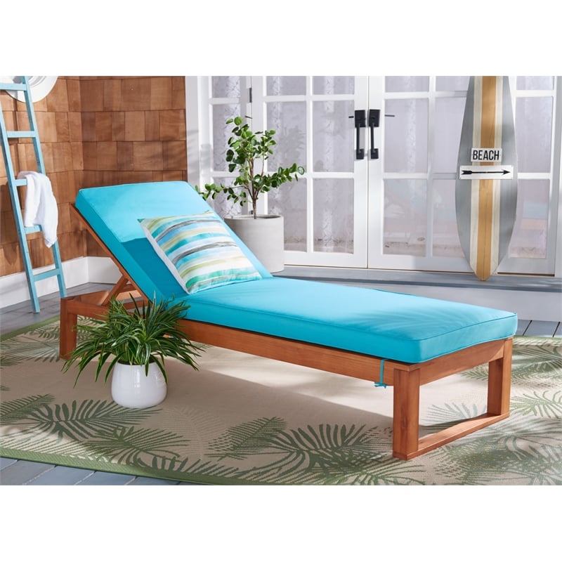 Safavieh Solano Wood and Fabric Sunlounger in Natural / Aqua