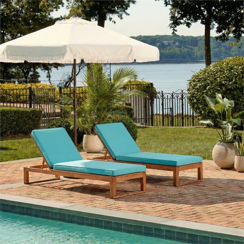 Safavieh Solano Wood and Fabric Sunlounger in Natural / Aqua