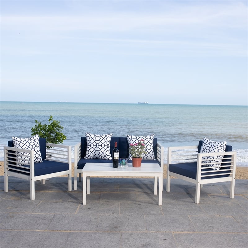 Safavieh Alda 4 Piece Wood and Fabric Set in White / Navy