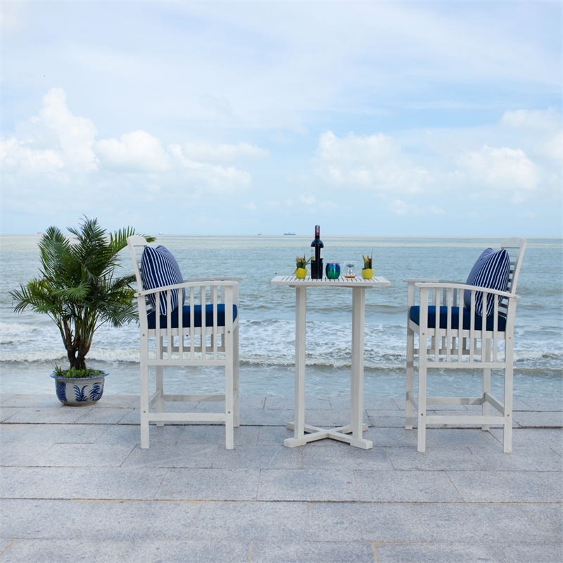 Safavieh Pate 3 Pc Bar Height Wood Bistro Set in White / Navy