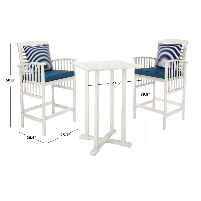 Safavieh Pate 3 Pc Bar Height Wood Bistro Set in White / Navy
