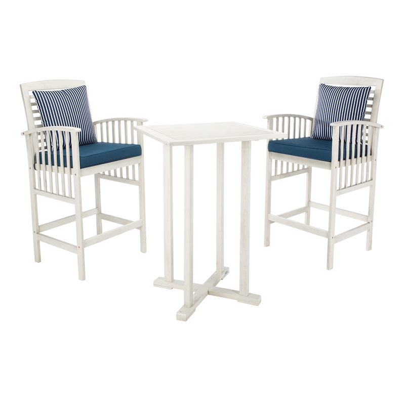 Safavieh Pate 3 Pc Bar Height Wood Bistro Set in White / Navy