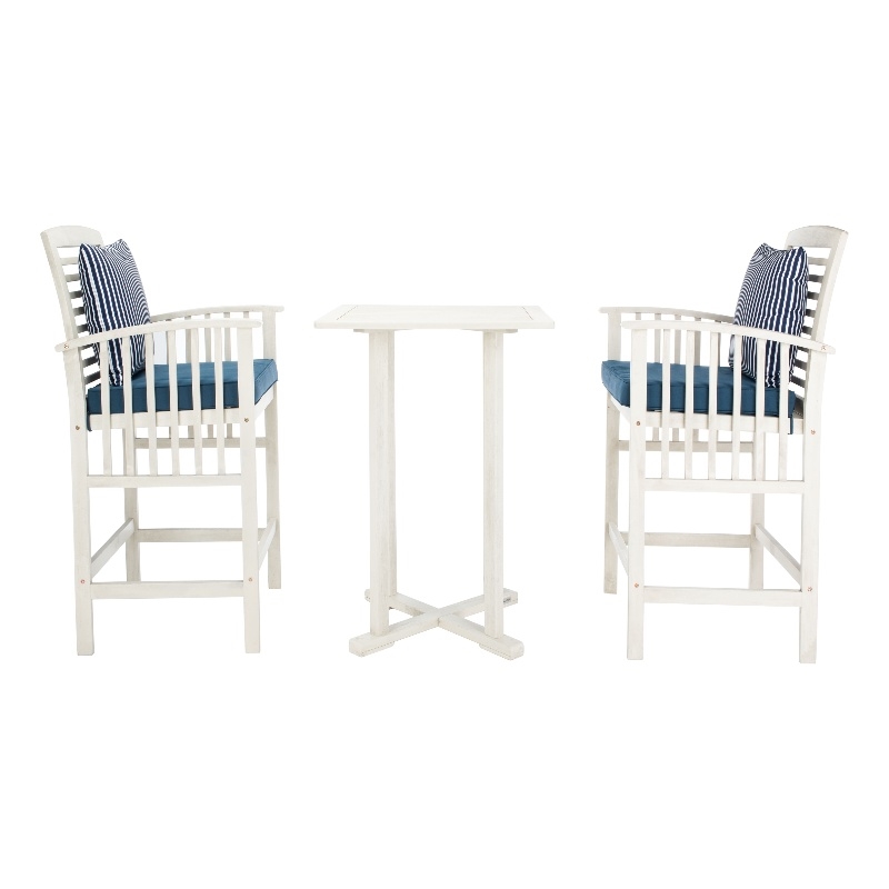 Safavieh Pate 3 Pc Bar Height Wood Bistro Set in White / Navy