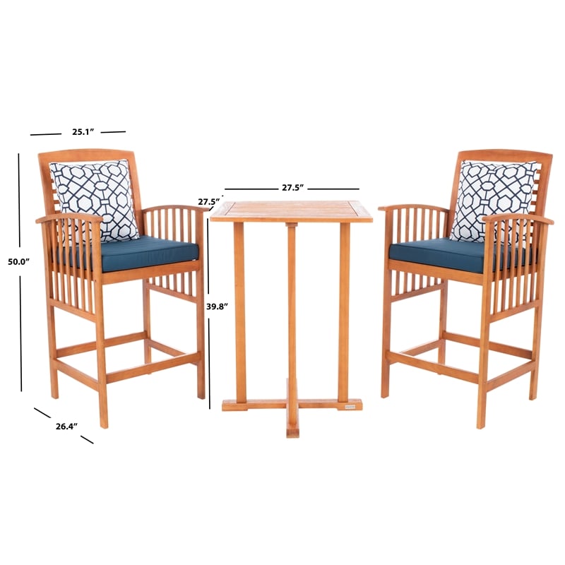 Safavieh Pate 3 Pc Bar Height Wood Bistro Set in Natural / Navy