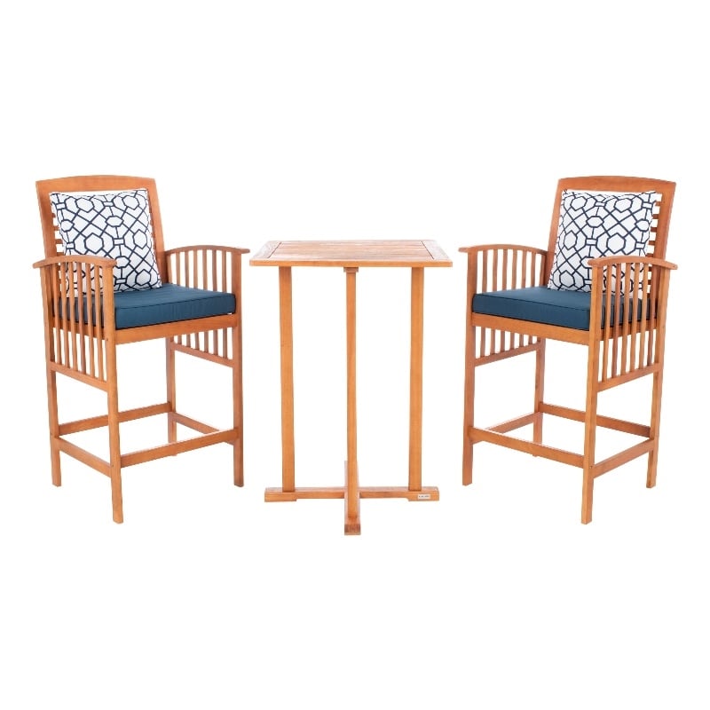 Safavieh Pate 3 Pc Bar Height Wood Bistro Set in Natural / Navy