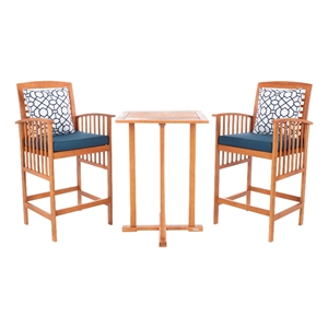 Safavieh Pate 3 Pc Bar Height Wood Bistro Set in Natural / Navy