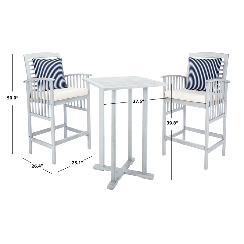 Safavieh Pate 3 Pc Bar Height Wood Bistro Set in Gray / Beige / Navy