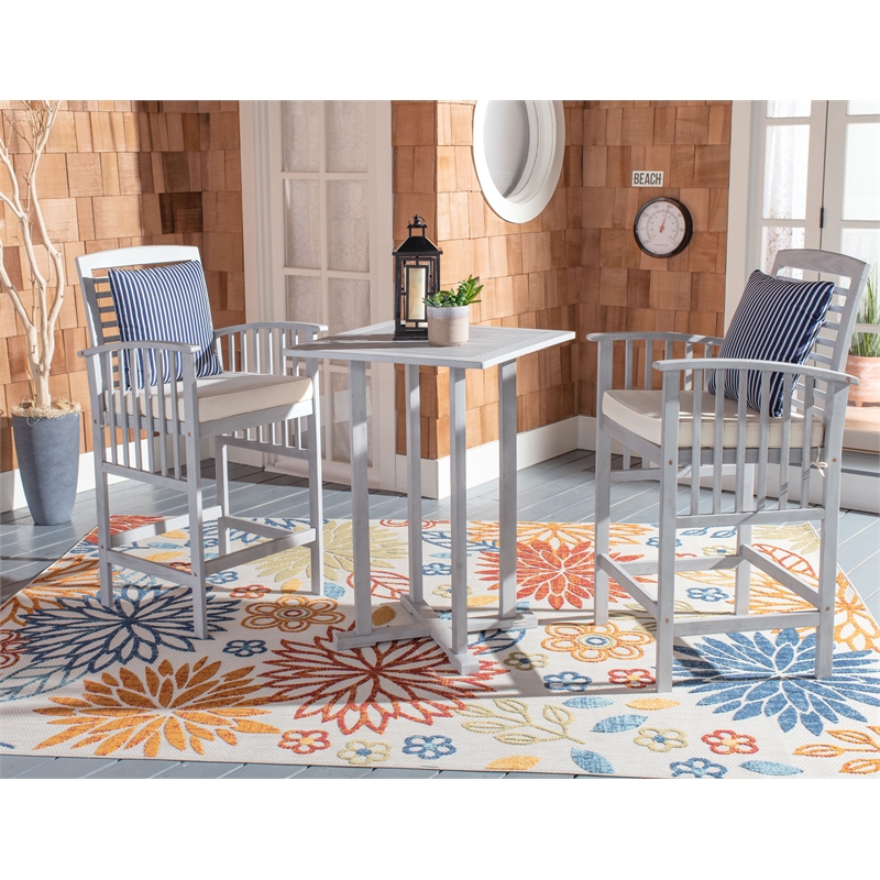 Safavieh Pate 3 Pc Bar Height Wood Bistro Set in Gray / Beige / Navy