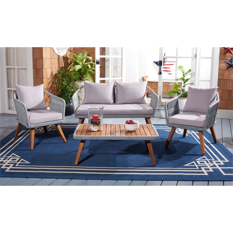 Safavieh Raldin Rope and Wood 4 Pc Living Set in Light Gray / Gray