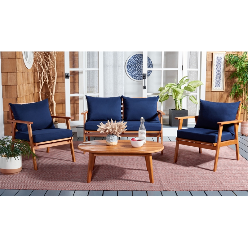 Safavieh Deacon 4 Pc Wood Living Set in Natural / Navy