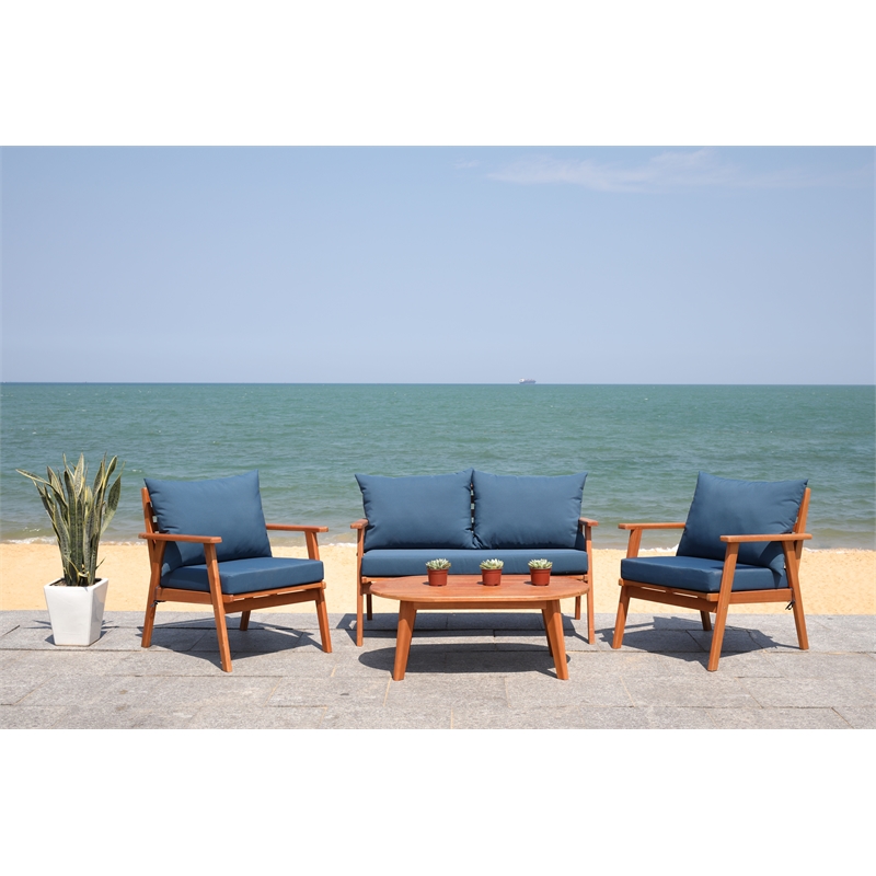 Safavieh Deacon 4 Pc Wood Living Set in Natural / Navy