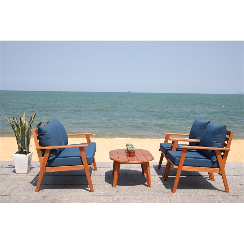 Safavieh Deacon 4 Pc Wood Living Set in Natural / Navy