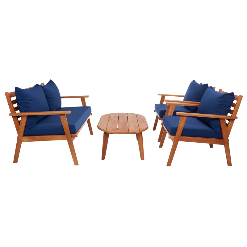 Safavieh Deacon 4 Pc Wood Living Set in Natural / Navy