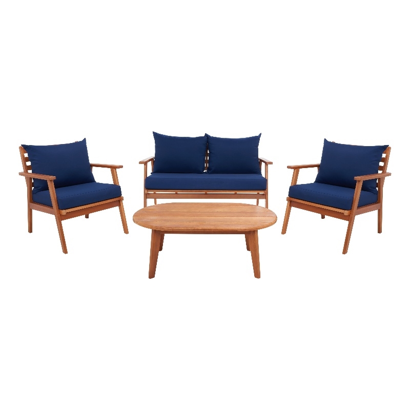 Safavieh Deacon 4 Pc Wood Living Set in Natural / Navy