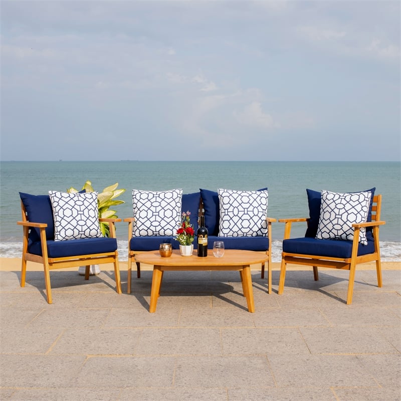 Safavieh Deacon 4 Pc Wood Living Set in Natural / Navy