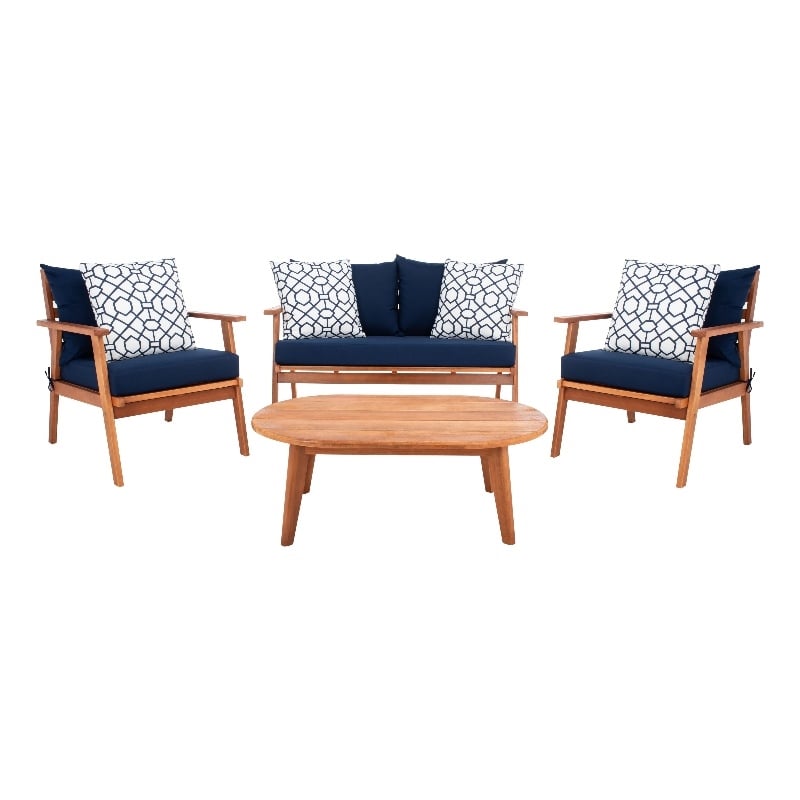 Safavieh Deacon 4 Pc Wood Living Set in Natural / Navy