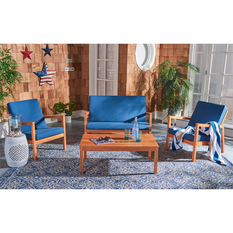 Safavieh Larence 4 Pc Wood and Fabric Living Set in Natural / Navy