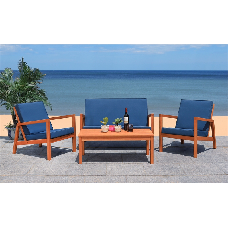 Safavieh Larence 4 Pc Wood and Fabric Living Set in Natural / Navy