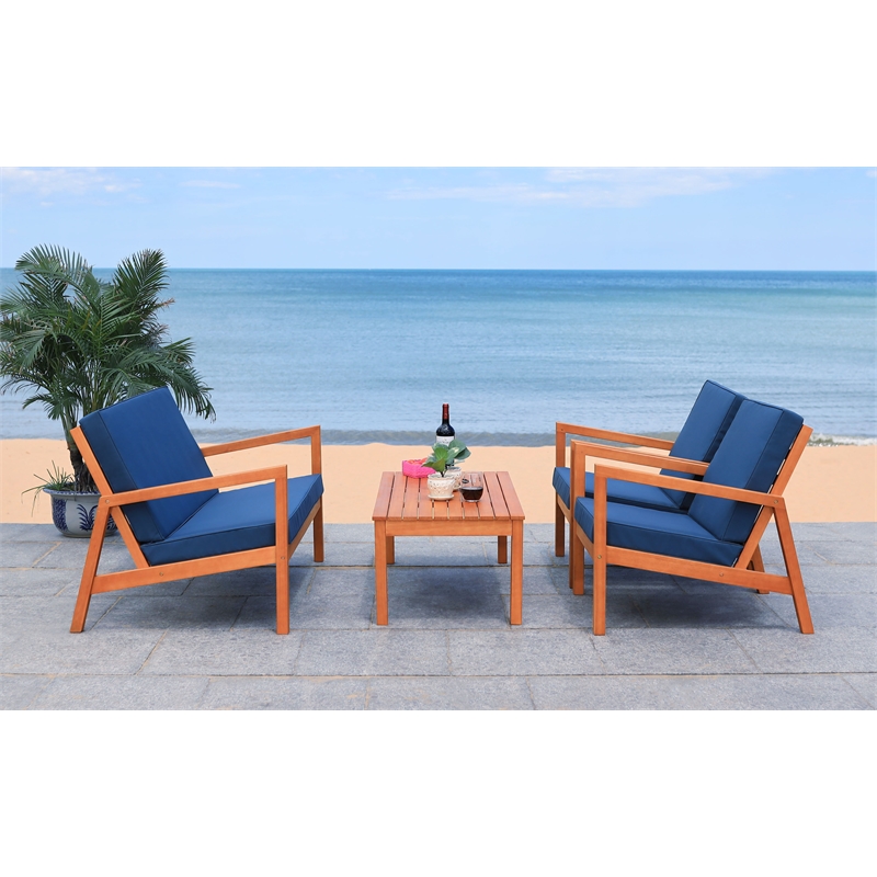Safavieh Larence 4 Pc Wood and Fabric Living Set in Natural / Navy