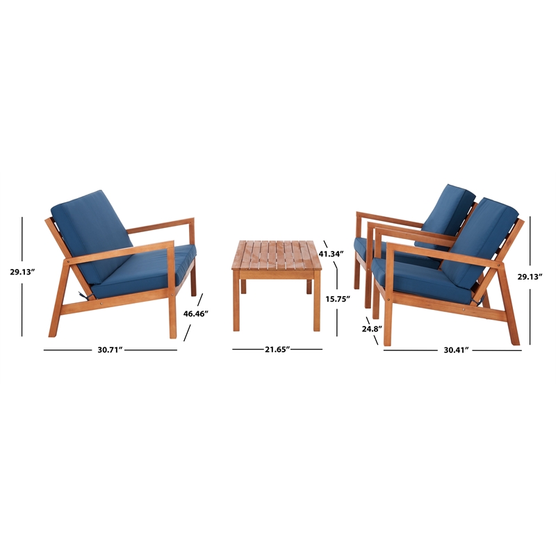 Safavieh Larence 4 Pc Wood and Fabric Living Set in Natural / Navy