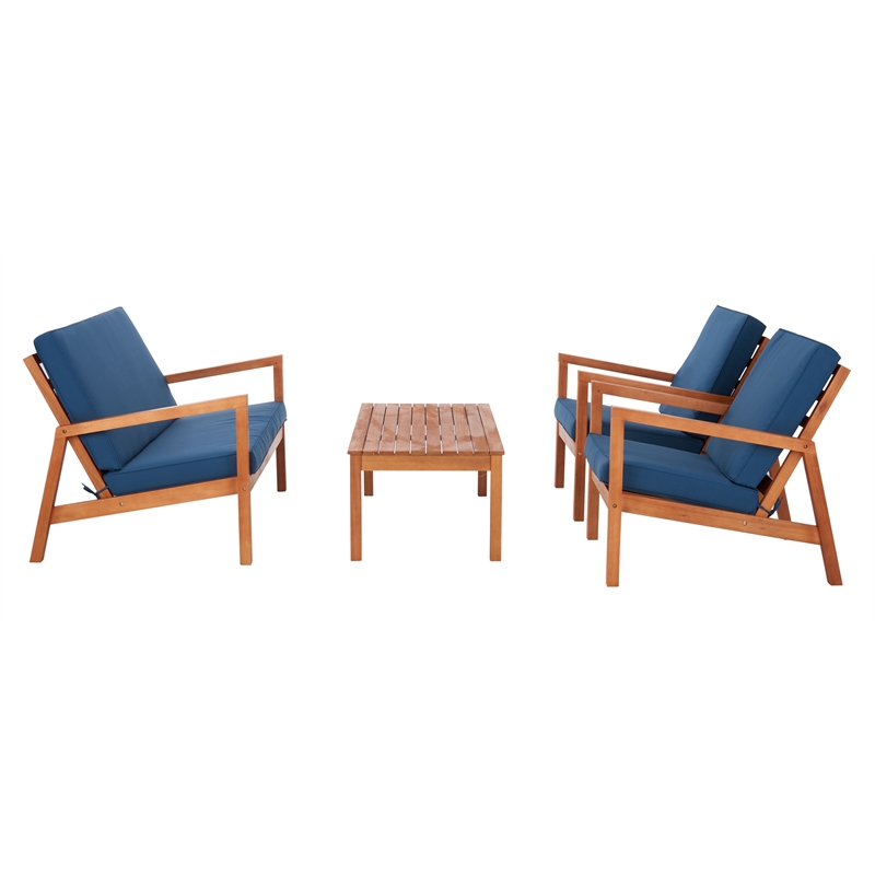 Safavieh Larence 4 Pc Wood and Fabric Living Set in Natural / Navy