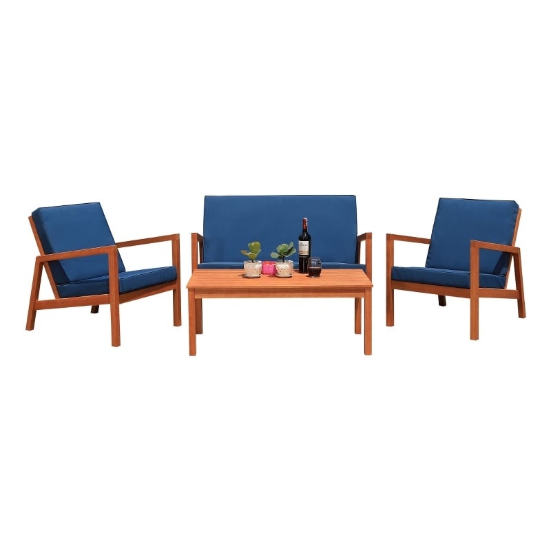 Safavieh Larence 4 Pc Wood and Fabric Living Set in Natural / Navy