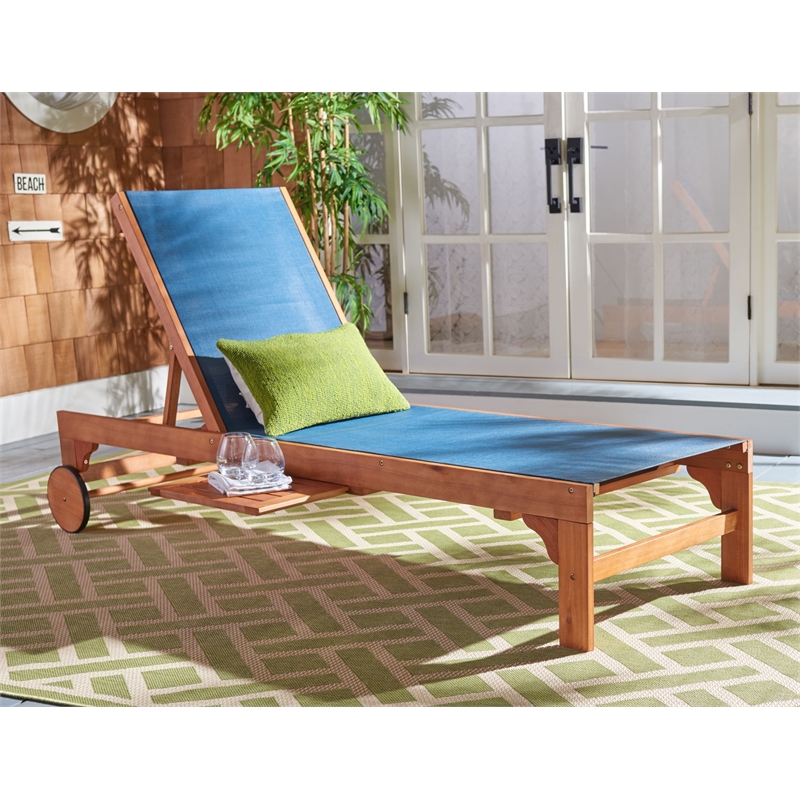 Safavieh Ralden Wood and Fabric Sunlounger in Natural / Navy