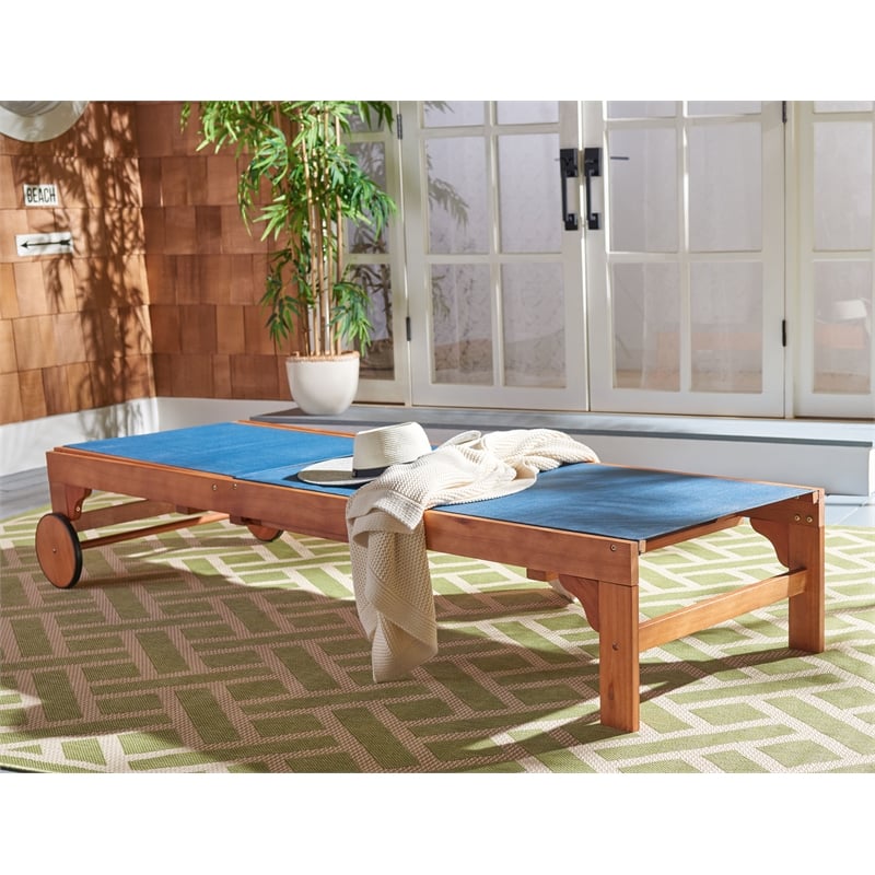 Safavieh Ralden Wood and Fabric Sunlounger in Natural / Navy