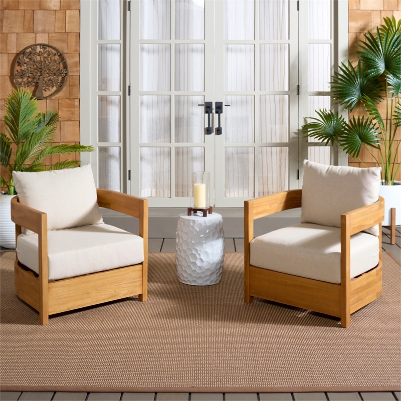 Safavieh Kento Wood Armchair Set of 2 in Natural / Taupe