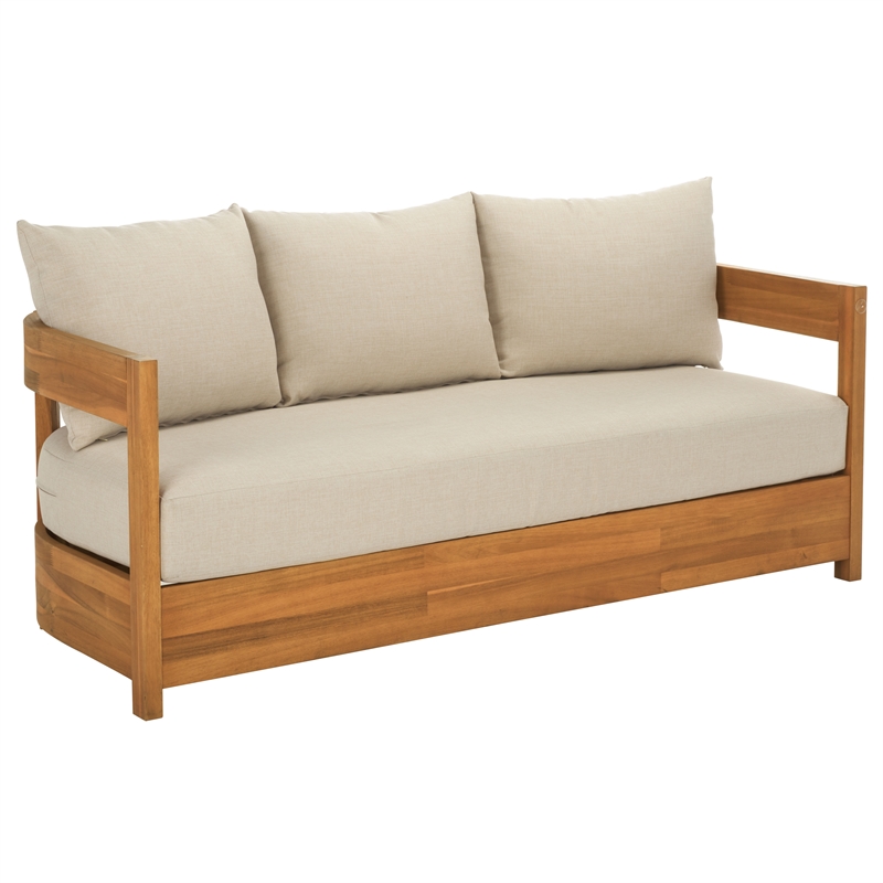 Safavieh Kento Wood 3 Seater Sofa in Natural / Taupe