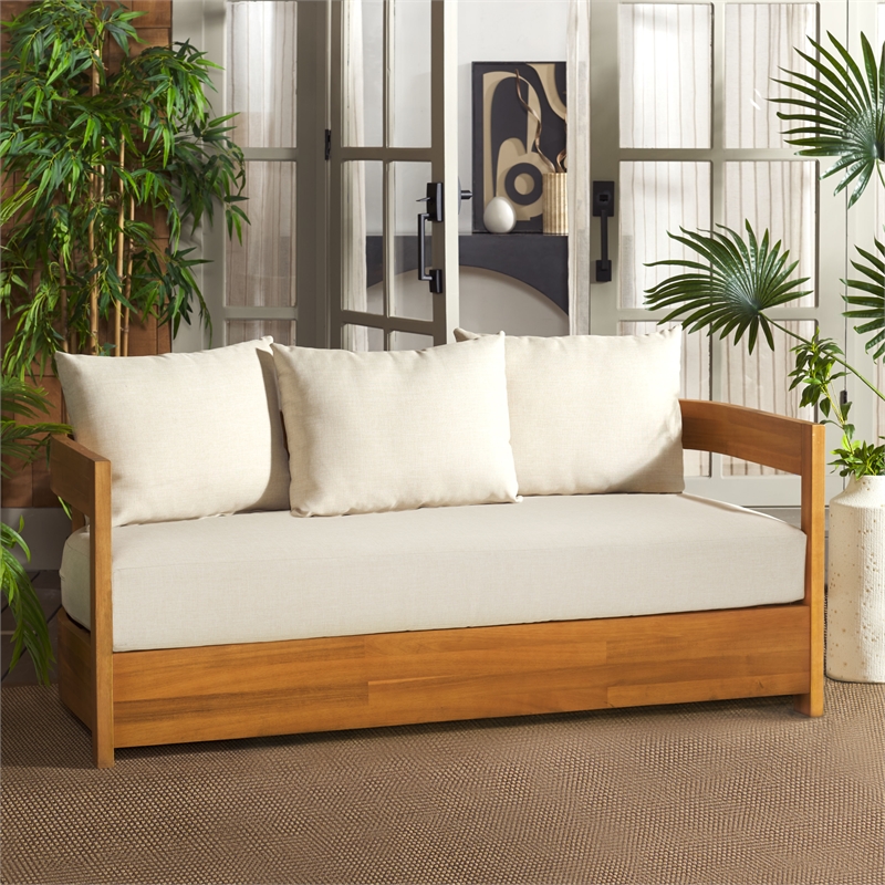 Safavieh Kento Wood 3 Seater Sofa in Natural / Taupe