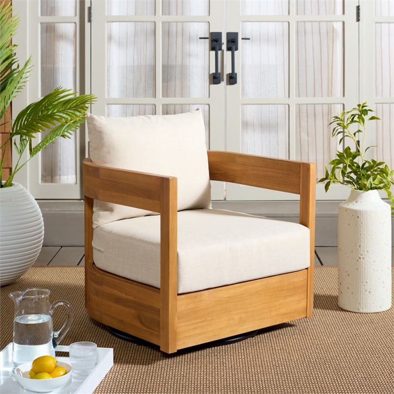 Safavieh Kento Wood Swivel Chair in Natural / Taupe