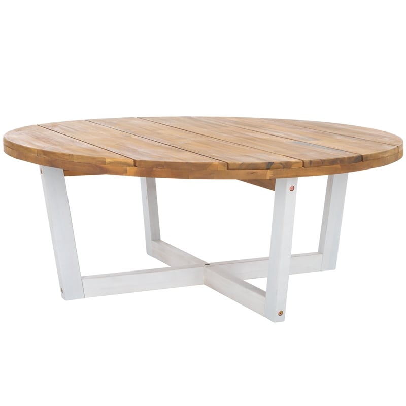 Safavieh Leo Round Wood Coffee Table 4 Legs in Natural / White