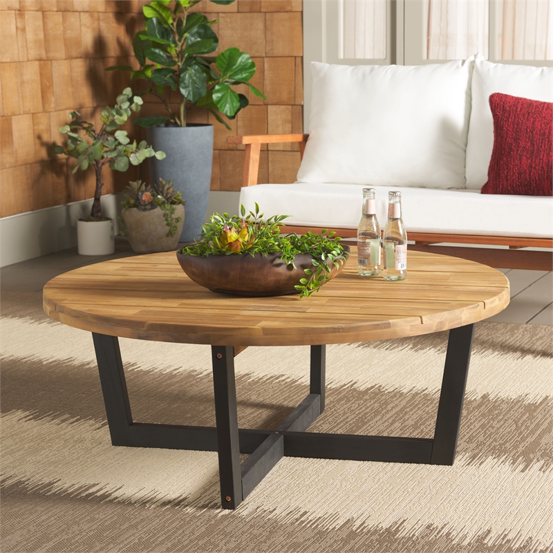 Safavieh Leo Round Wood Coffee Table 4 Legs in Natural / Black