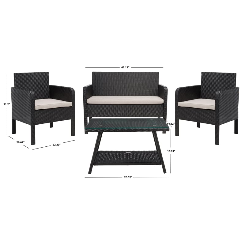 Safavieh Aboka 4Pc Wicker and Rattan Living Set in Black / Light Gray