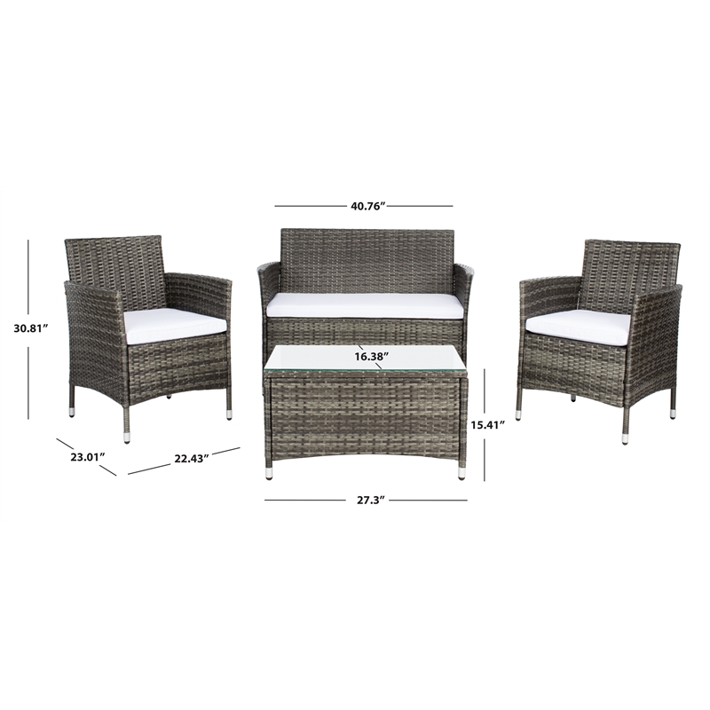 Safavieh Bandele 4Pc Wicker and Rattan Living Set in Gray / Brown / White