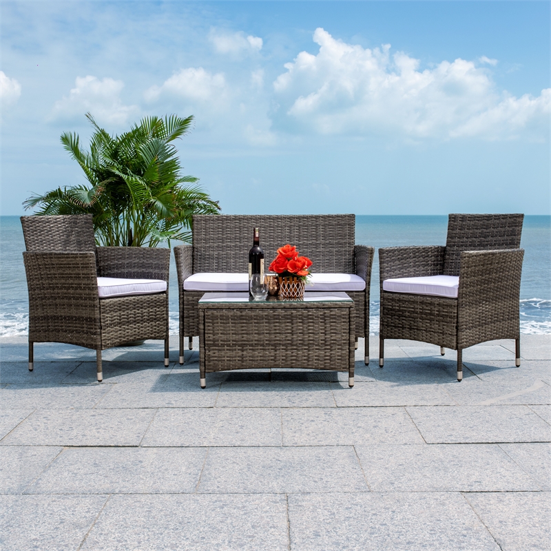 Safavieh Bandele 4Pc Wicker and Rattan Living Set in Gray / Brown / White