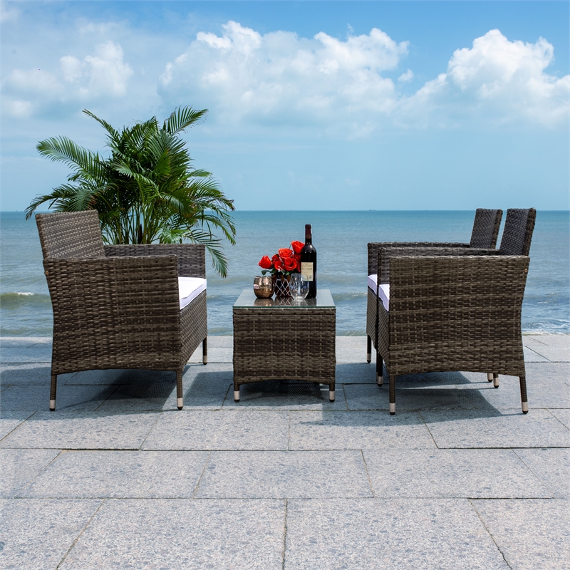 Safavieh Bandele 4Pc Wicker and Rattan Living Set in Gray / Brown / White