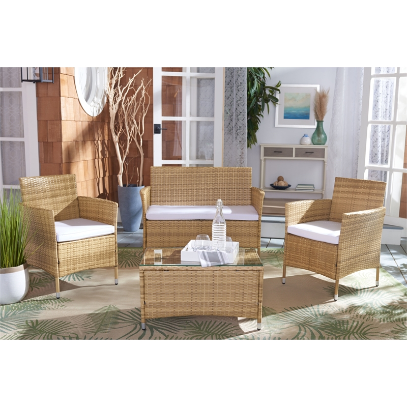 Safavieh Bandele 4Pc Wicker and Rattan Living Set in Natural / White