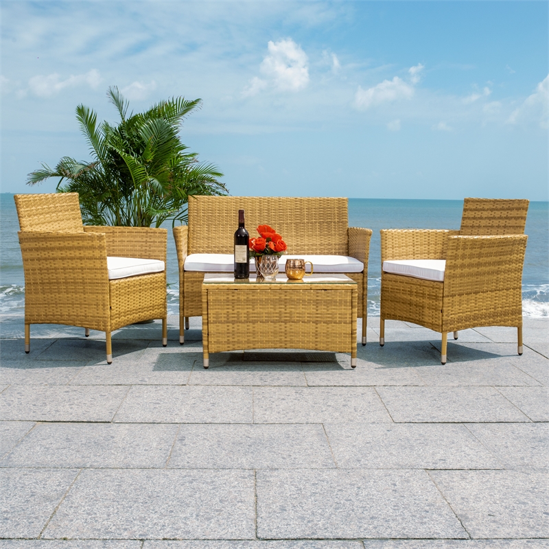 Safavieh Bandele 4Pc Wicker and Rattan Living Set in Natural / White