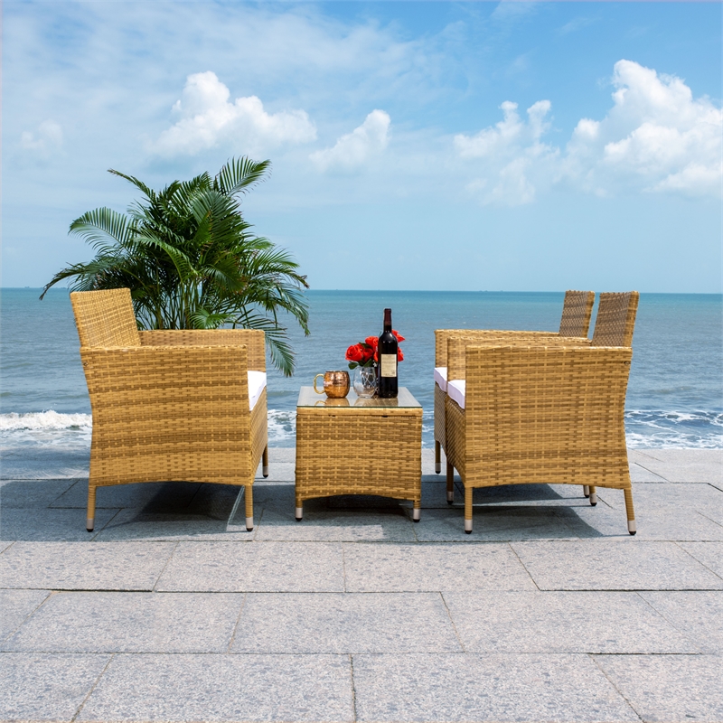 Safavieh Bandele 4Pc Wicker and Rattan Living Set in Natural / White