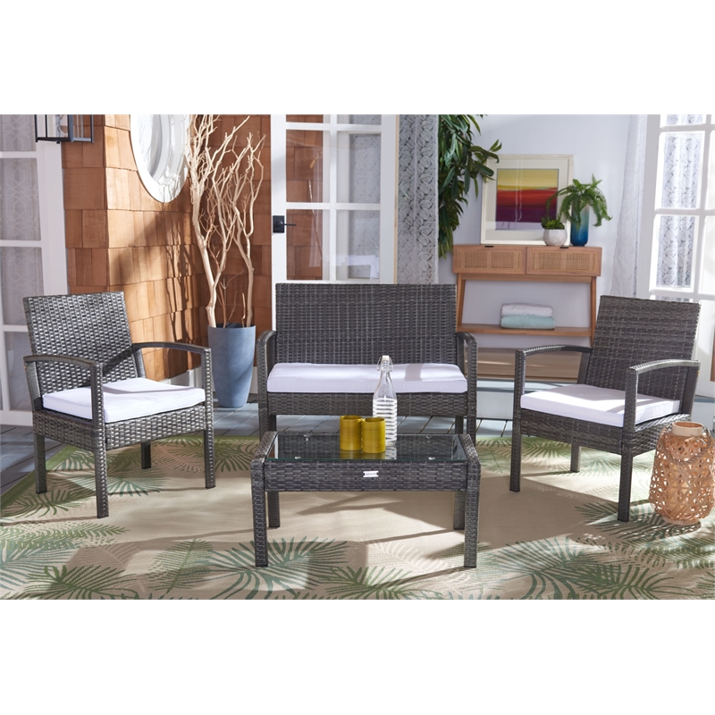 Safavieh Bassey 4Pc Wicker and Rattan Living Set in Gray / Brown / White