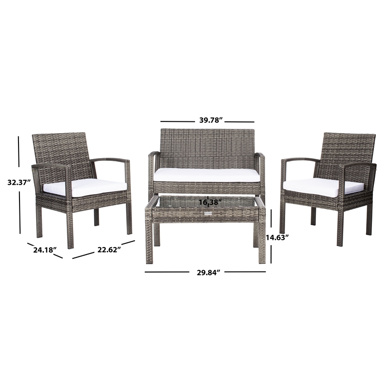 Safavieh Bassey 4Pc Wicker and Rattan Living Set in Gray / Brown / White