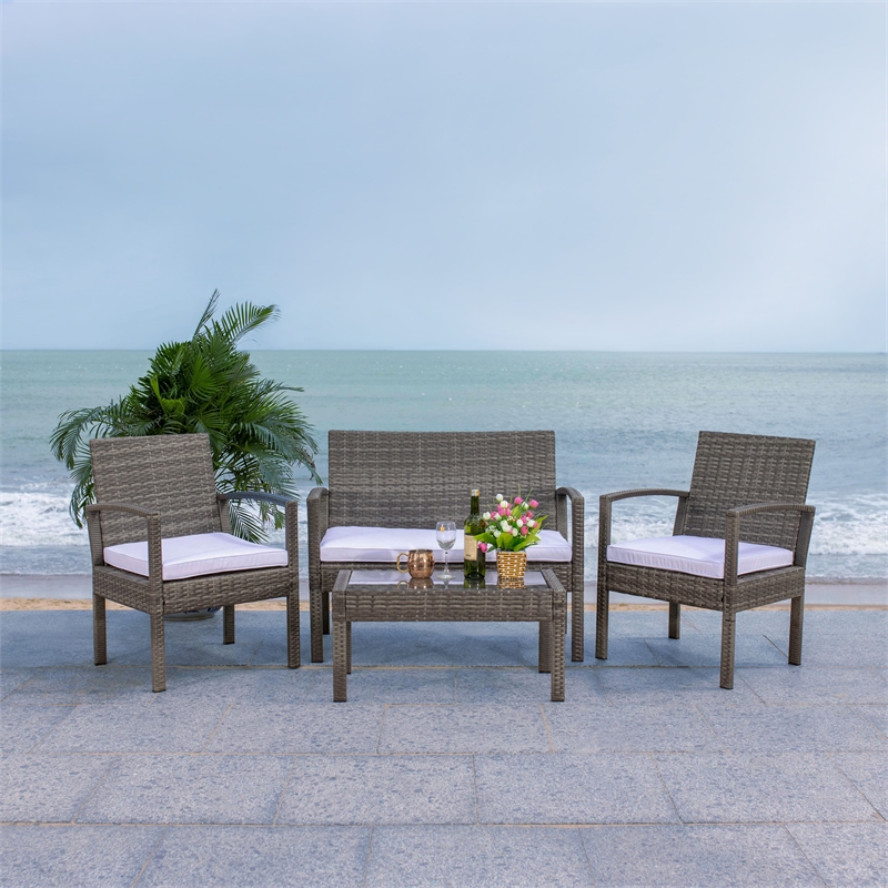Safavieh Bassey 4Pc Wicker and Rattan Living Set in Gray / Brown / White