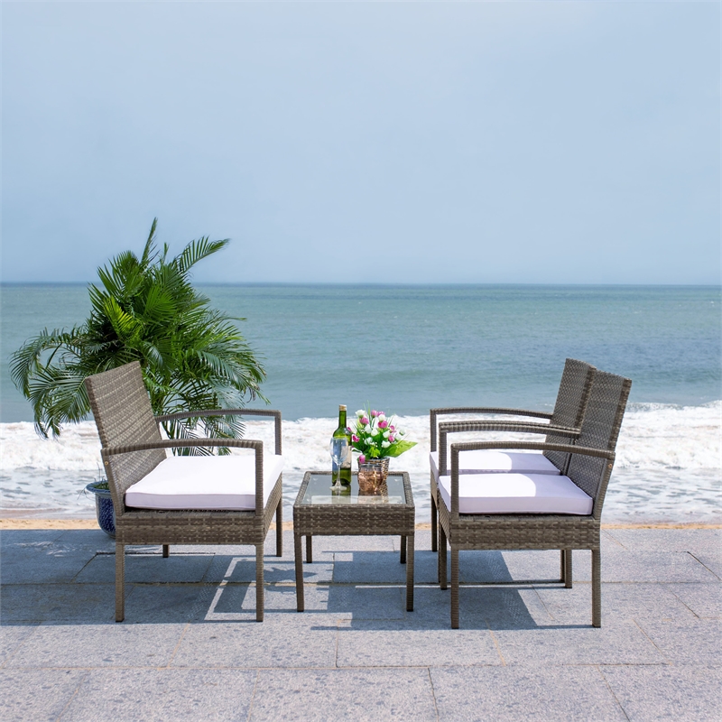 Safavieh Bassey 4Pc Wicker and Rattan Living Set in Gray / Brown / White